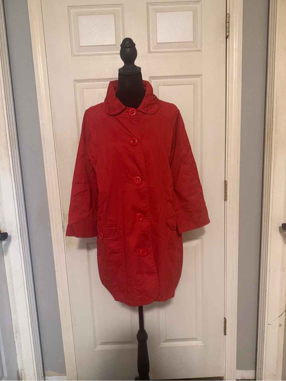 Women's Red Button-Front Trench Coat - Picture 3 of 3
